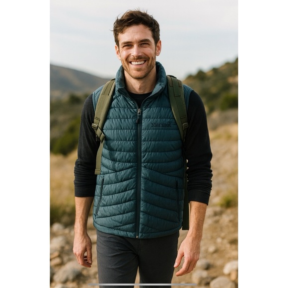 MARMOT DUCK DOWN QUILTED PUFFER VEST MENS SM TEAL ACTIVE OUTDOORS PERFORMANCE - Picture 1 of 13